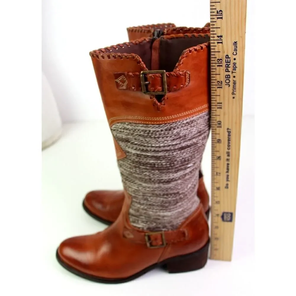 Fortress of Inca BROWN LEATHER TAPESTRY MID HEEL ZIP SIDE ROUND TOE BOOTS Sz 6